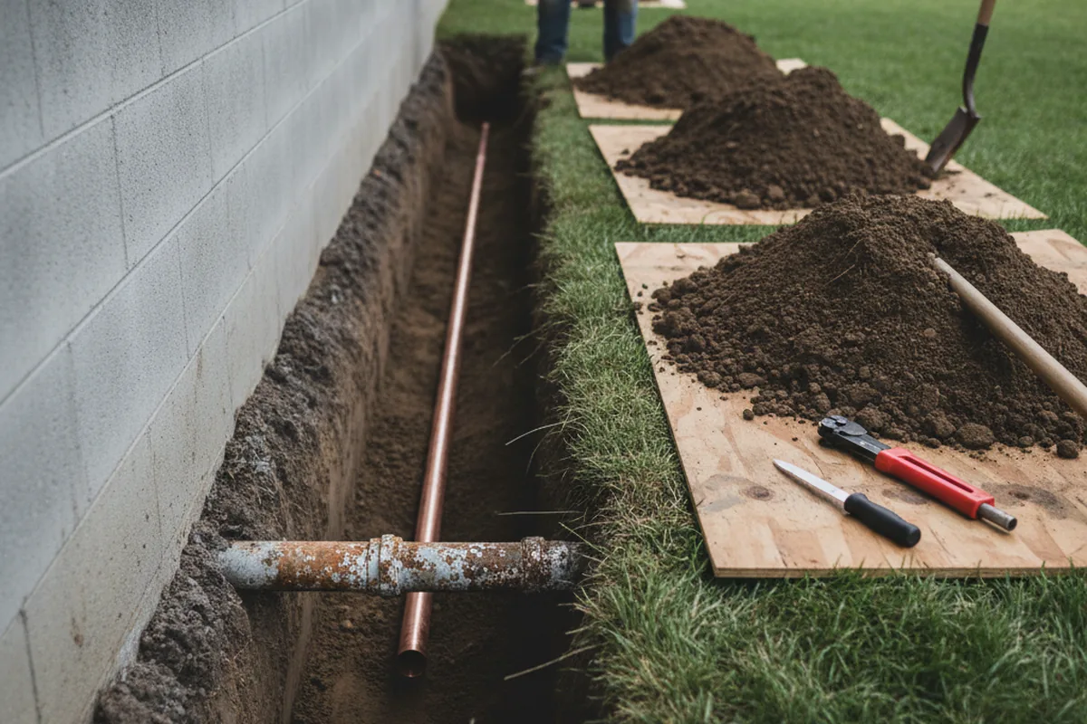 Excavated water line trench during Sewer Line Repair in Ukiah